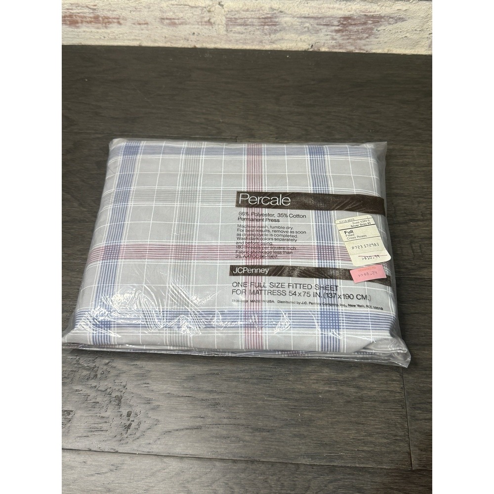 Vintage JCPenney Percale Full Fitted Sheet Cross Roads Plaid NOS USA New